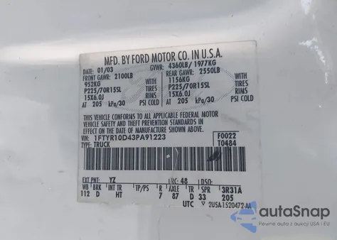 2003 Ford Ranger Xl/Xlt из США, поврежденный, VIN 1FTYR10D43PA91223